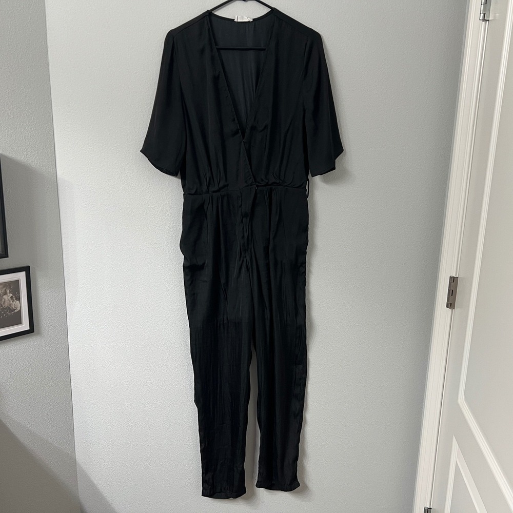 Sage The Label Womens L Black Satin Jumpsuit Wrap V Neck Short Sleeve